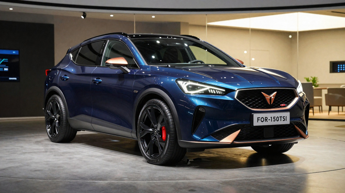 Carro SUV azul escuro com detalhes em cobre exposto em ambiente interno moderno.