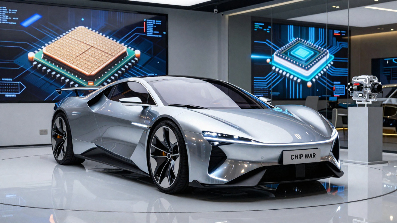 Carro esportivo prata futurista em exposição tecnológica com painéis de chips eletrônicos ao fundo.