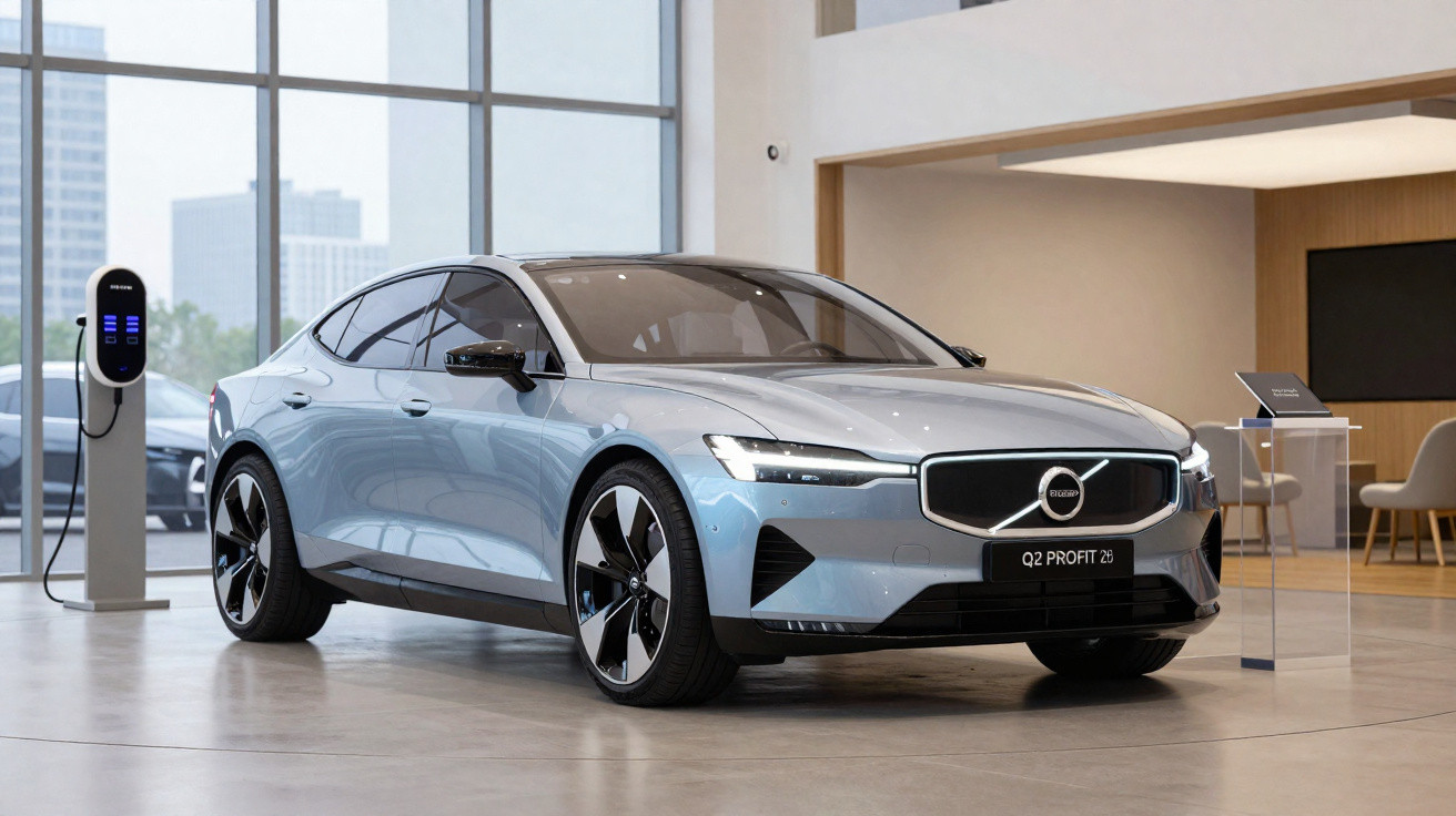 Carro elétrico Volvo azul claro estacionado em showroom moderno com estação de recarga ao lado.
