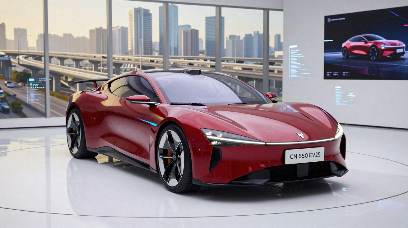 Carro esportivo elétrico vermelho exibido em showroom futurista com grande janela e arranha-céus ao fundo.