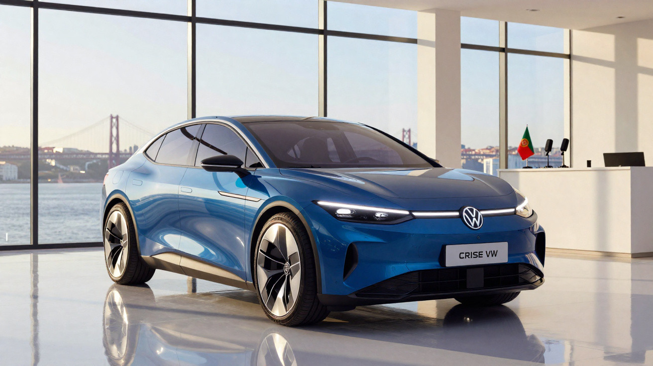 Carro elétrico azul Volkswagen ID.Vizzion exibido em interior moderno com janelas grandes e vista para ponte e rio.