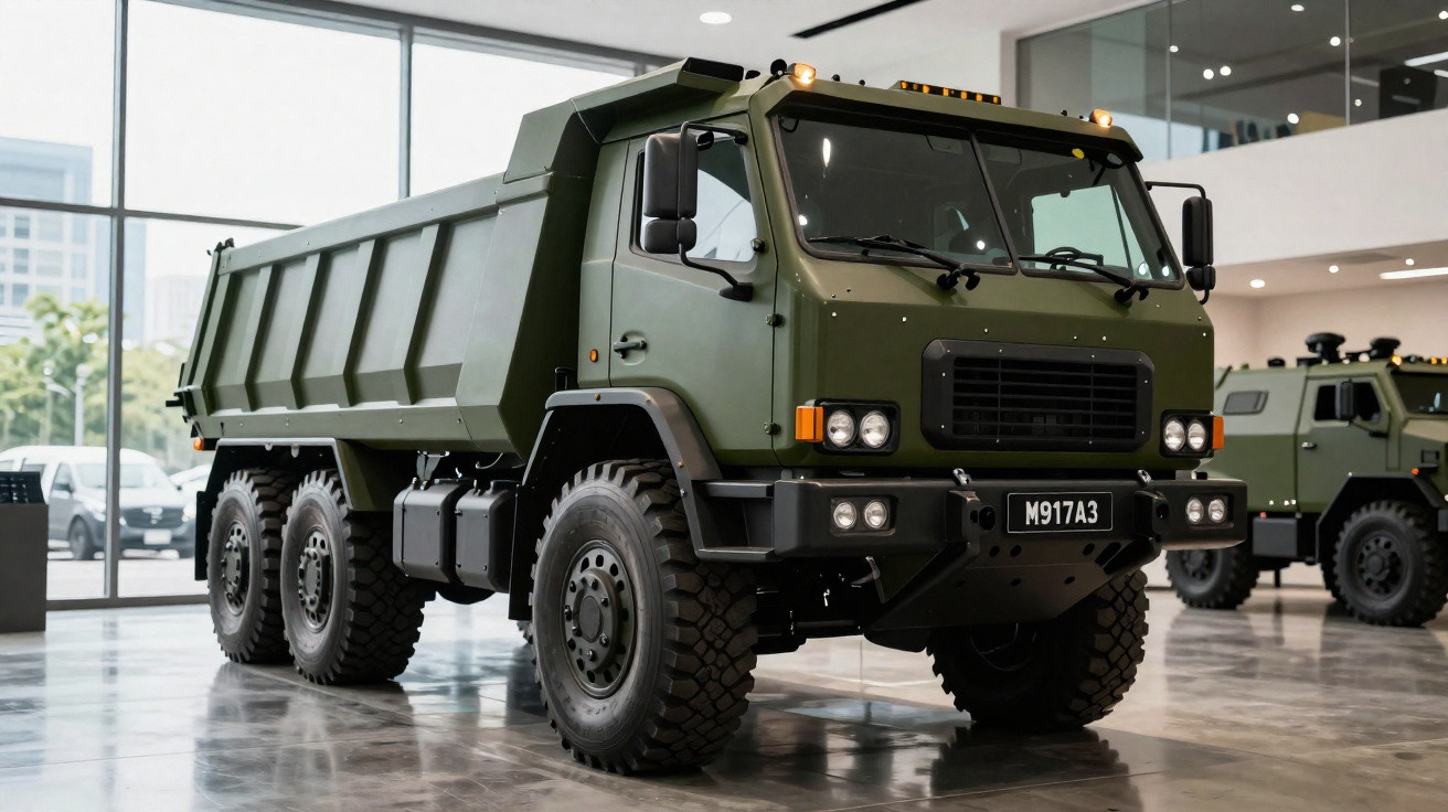 Caminhão militar verde com seis rodas exposto em ambiente interno de vidro e piso polido.