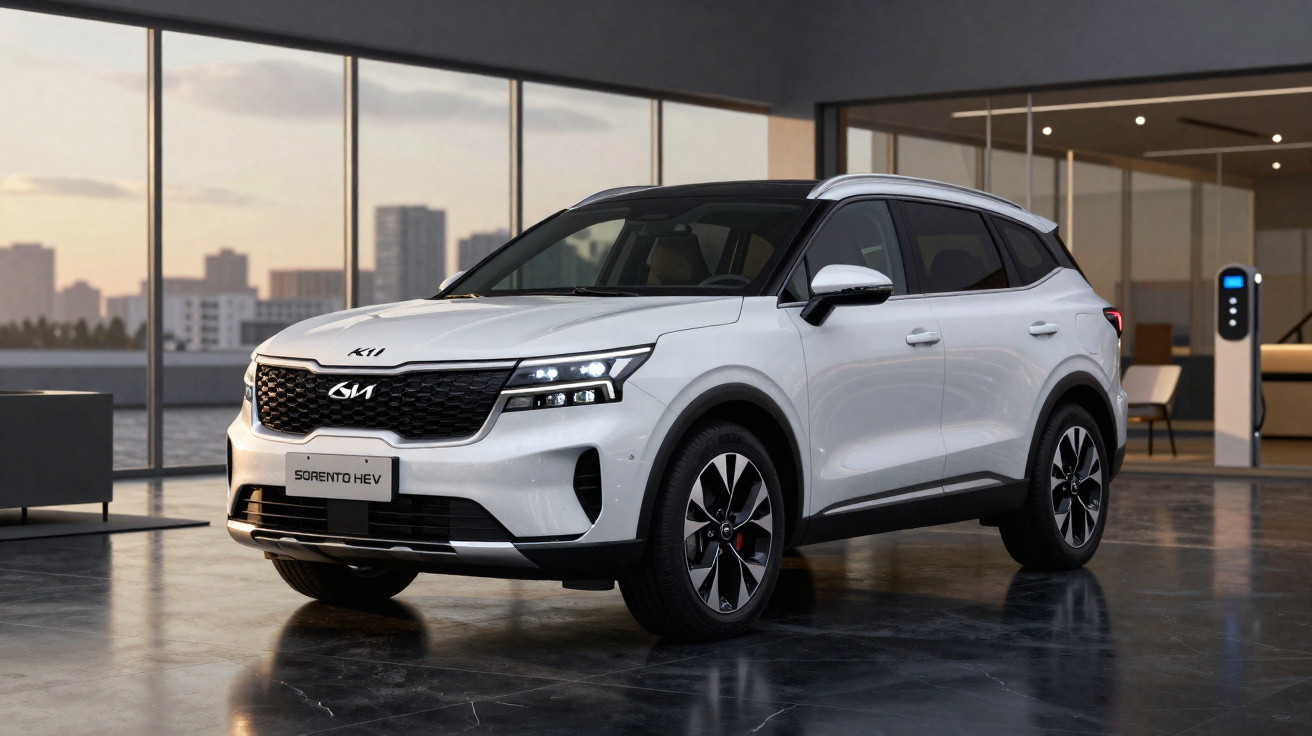 Carro SUV branco Kia Sorento HEV estacionado em ambiente interno moderno com grandes janelas.
