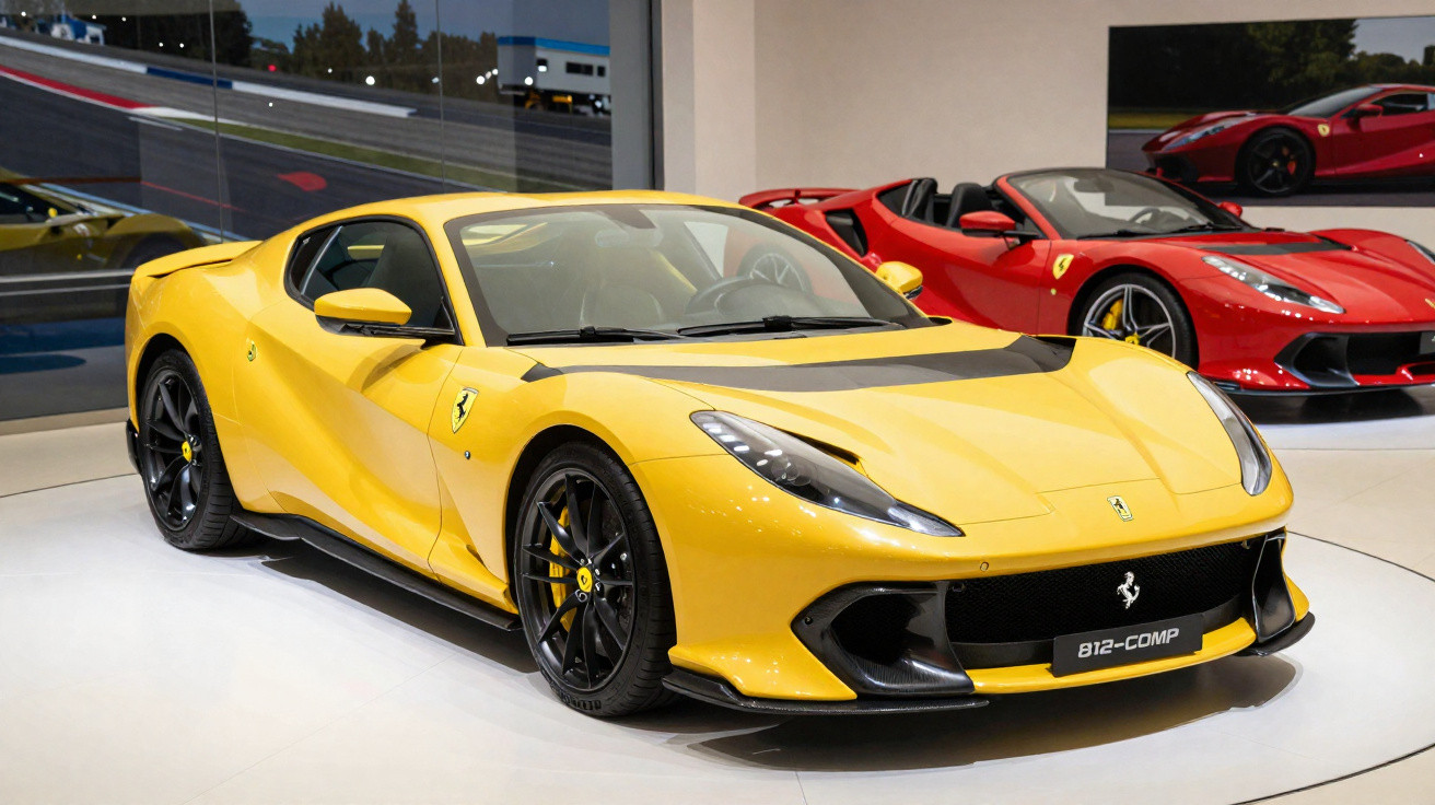 Carro esportivo Ferrari 812-Competizione amarelo exposto em showroom com outro carro vermelho ao fundo.