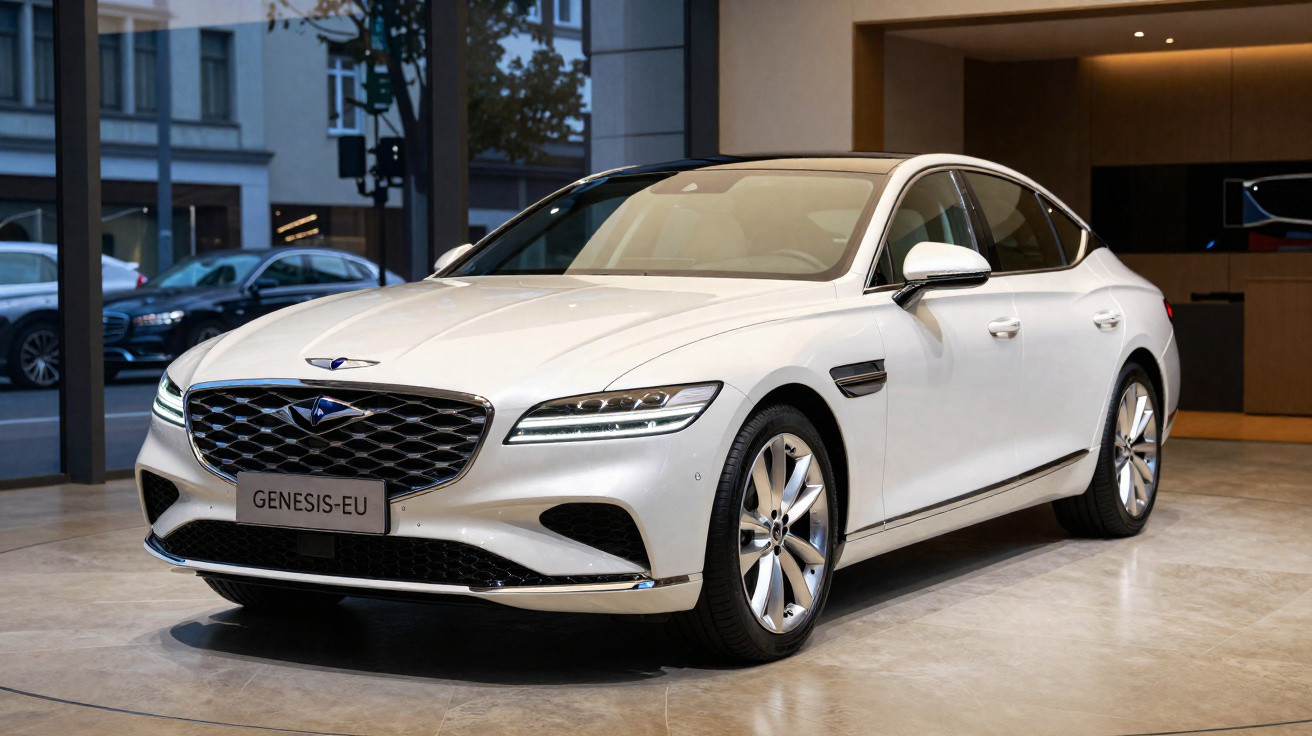 Carro branco de luxo Genesis-EU estacionado em showroom moderno e iluminado.