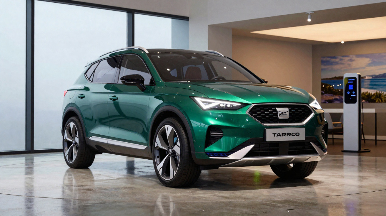 SUV elétrico verde Seat Tarraco estacionado em ambiente interno moderno com carregador elétrico ao fundo.