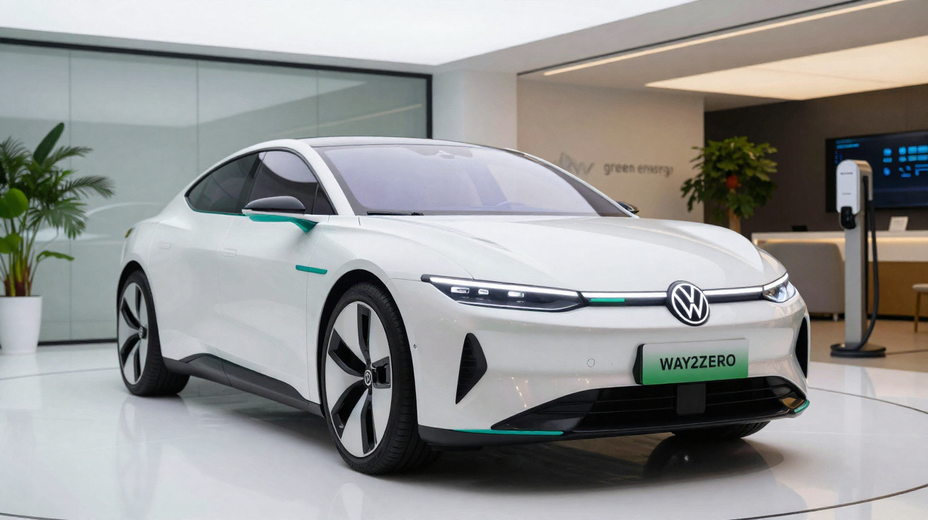 Carro elétrico branco Volkswagen modelo Wayzzerro exposto em ambiente moderno e iluminado.
