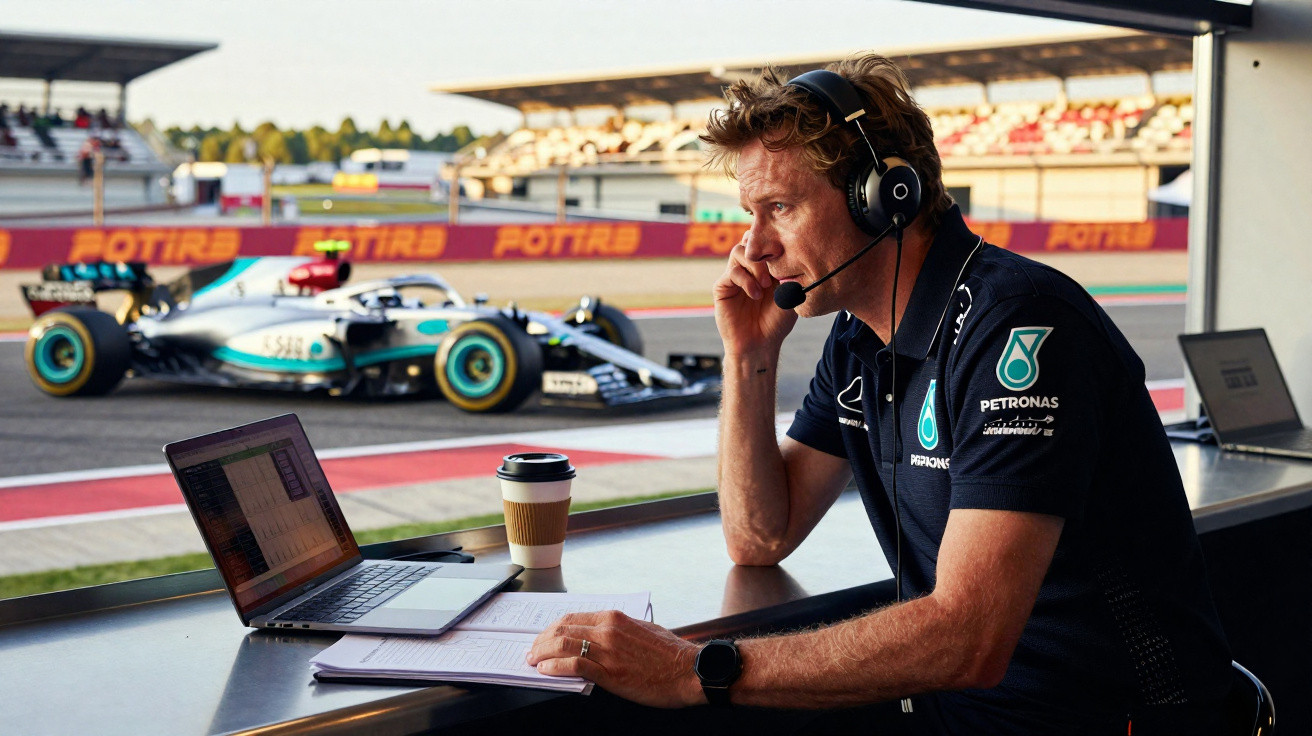 Engenheiro da equipe Petronas monitora dados em laptop durante corrida de Fórmula 1.
