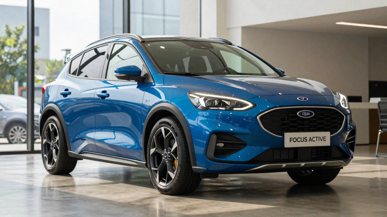 Carro Ford Focus Active azul estacionado em showroom moderno com piso cinza refletivo.
