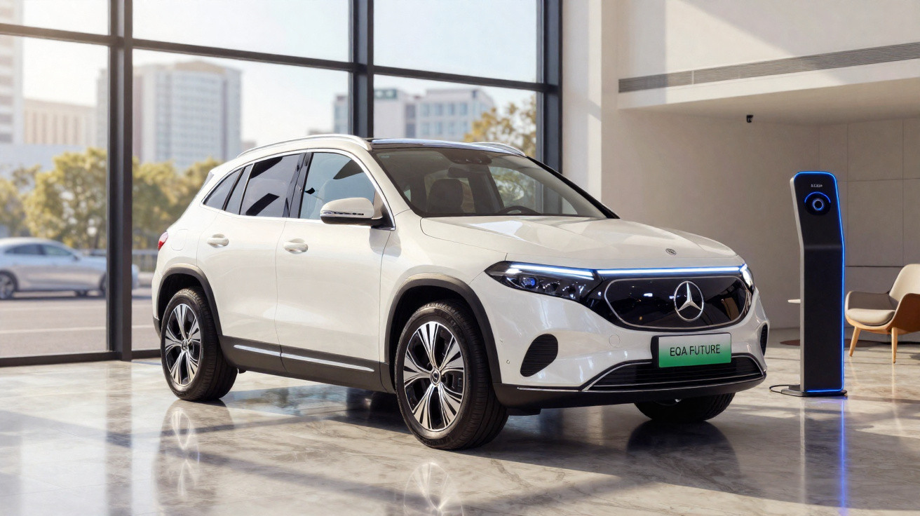 Carro elétrico branco Mercedes-Benz EQA Future estacionado em ambiente interno ao lado de carregador.