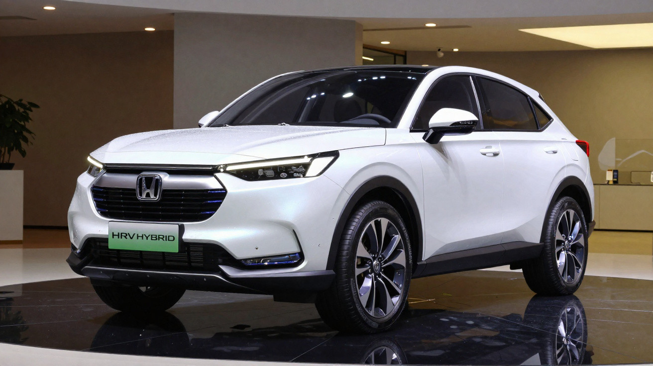 SUV branco Honda HR-V Hybrid estacionado em ambiente interno com iluminação suave.