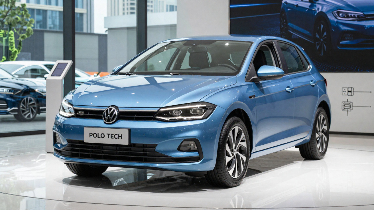 Carro Volkswagen Polo Tech azul exibido em showroom moderno com piso branco brilhante.