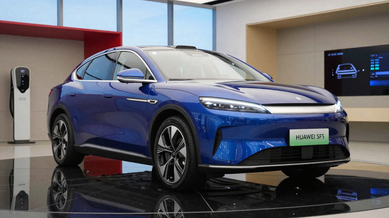 Carro elétrico azul Huawei SFS exposto em salão com estação de recarga ao fundo.