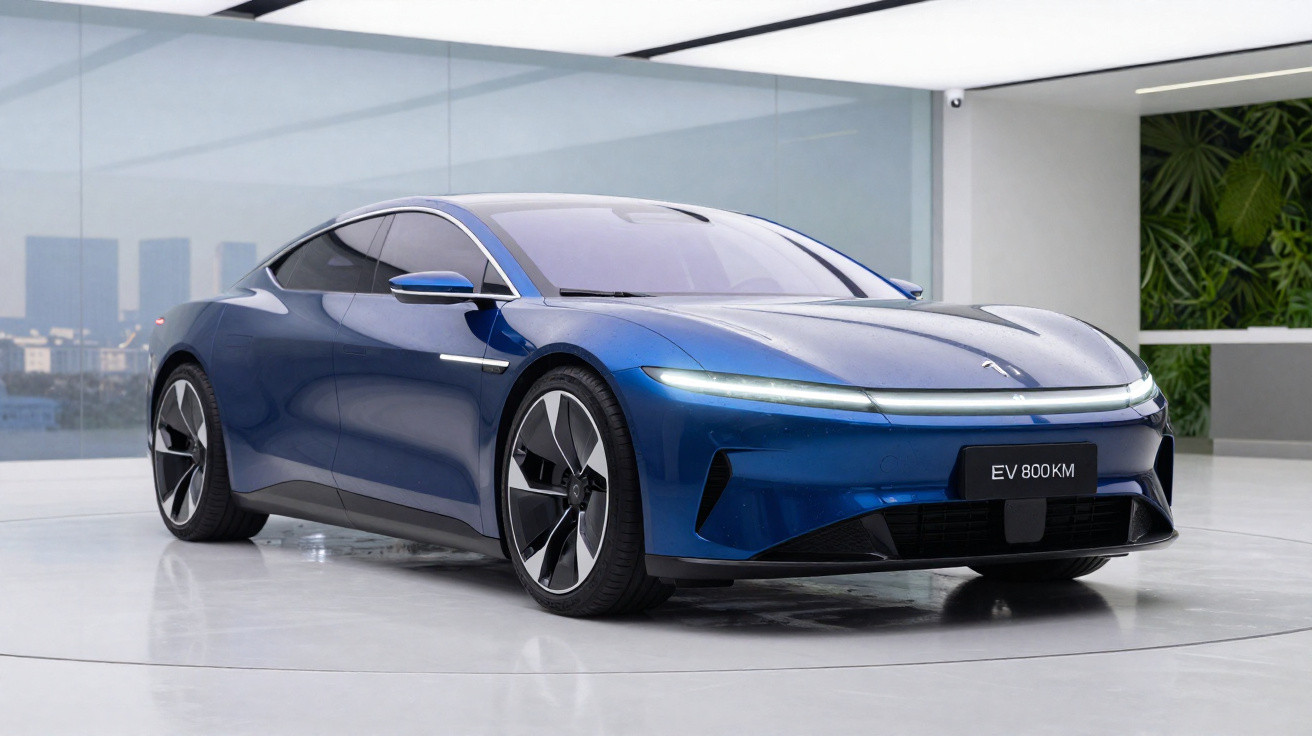 Carro elétrico esportivo azul com design moderno e faróis finos em ambiente interno iluminado.