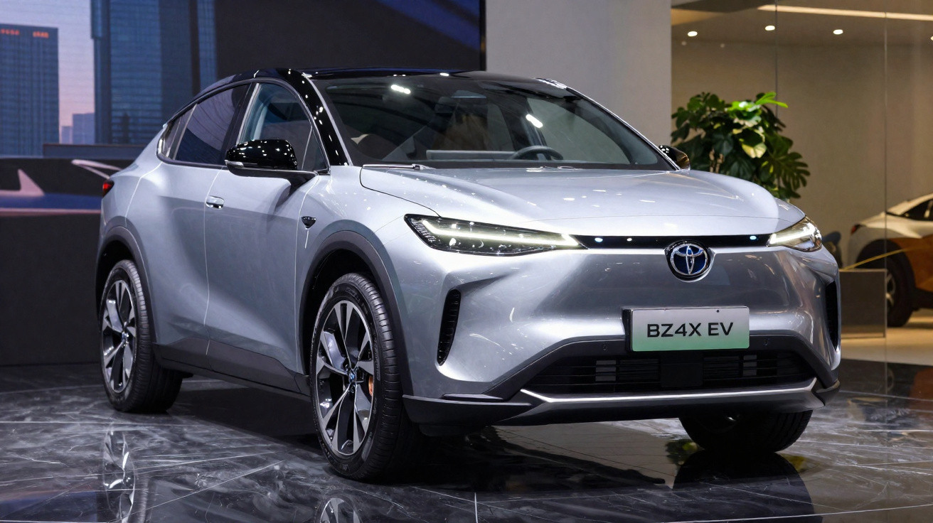 SUV elétrico Toyota BZ4X prata exibido em evento, com detalhes frontais e teto preto.