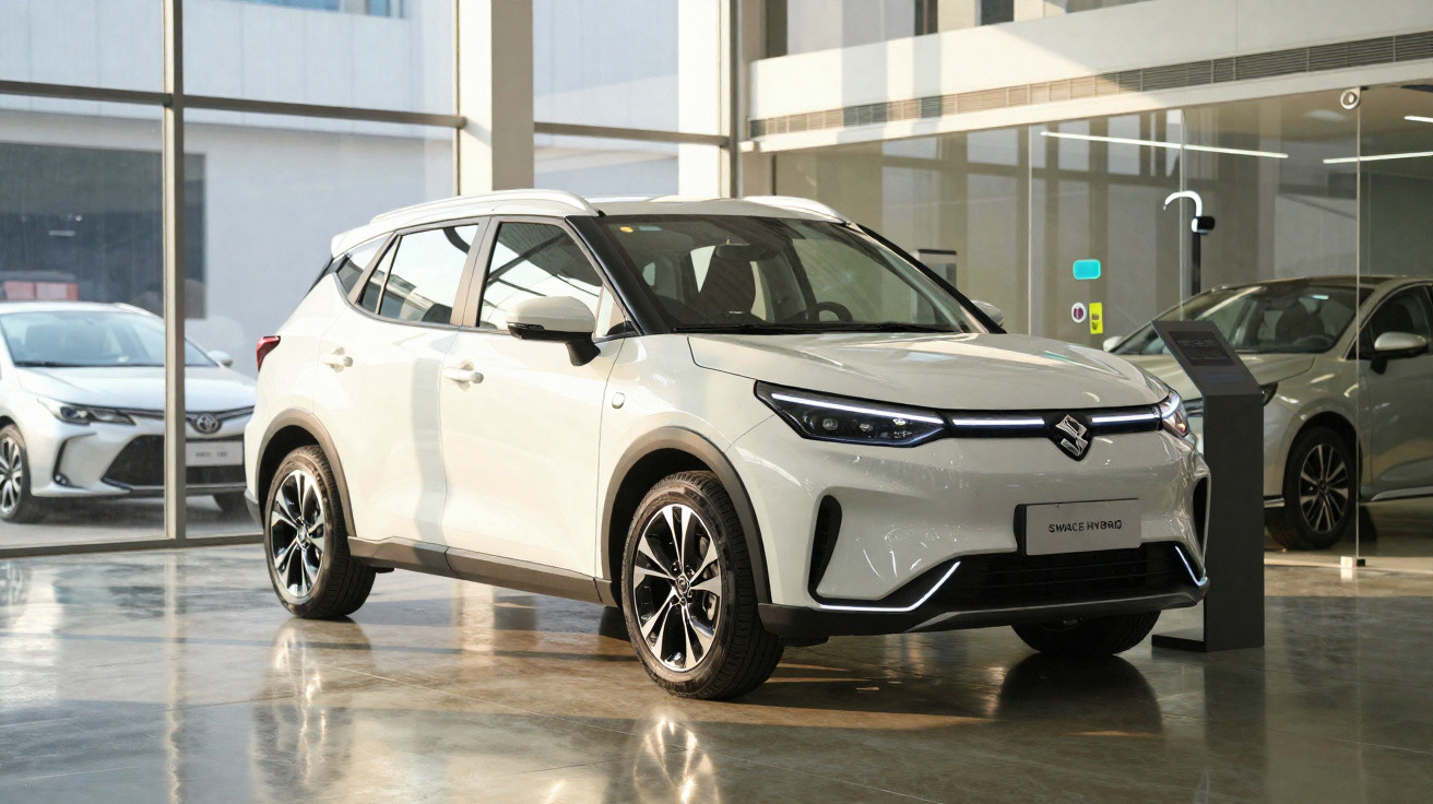 Carro SUV branco Suzuki em exposição dentro de loja com piso refletivo e janelas grandes.