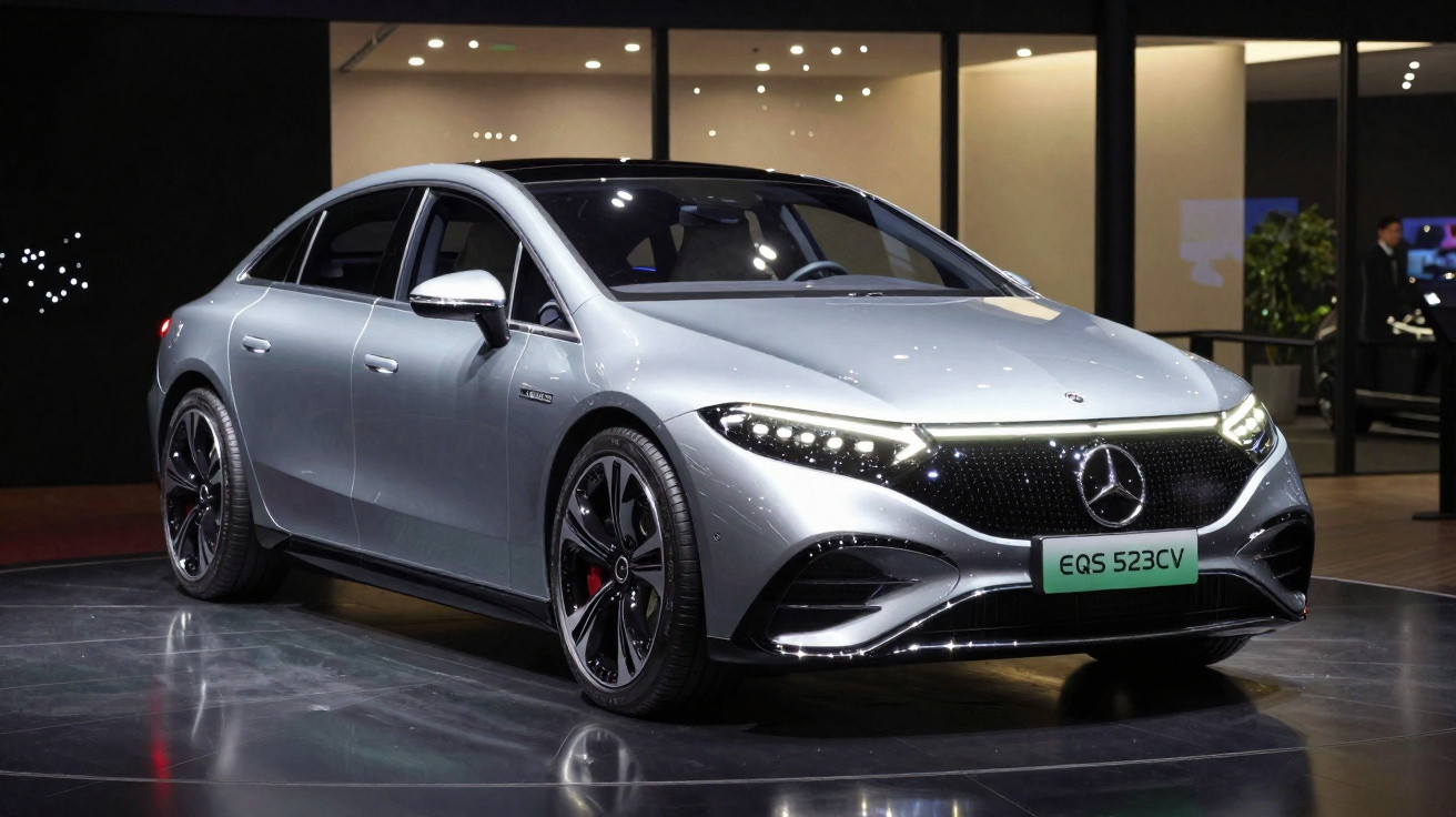 Carro prata Mercedes-Benz EQS 523CV elétrico exposto em ambiente interno com iluminação artificial.
