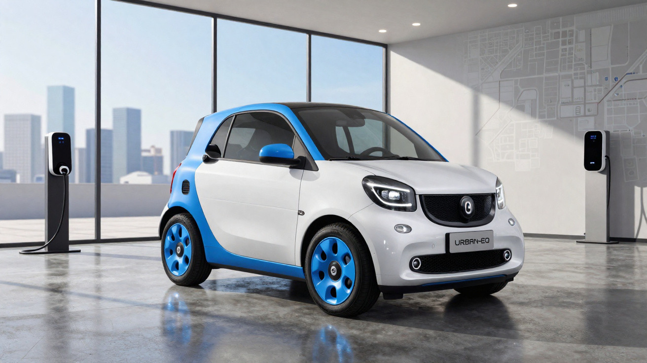 Carro elétrico compacto branco com detalhes azuis em estação de recarga interna com vista urbana.