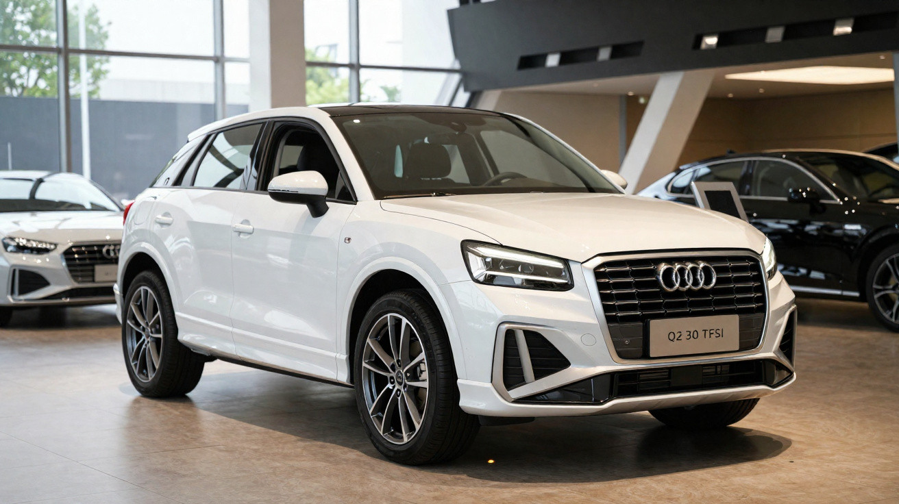 SUV Audi Q2 branco exibido em concessionária moderna com chão de porcelanato e iluminação natural.