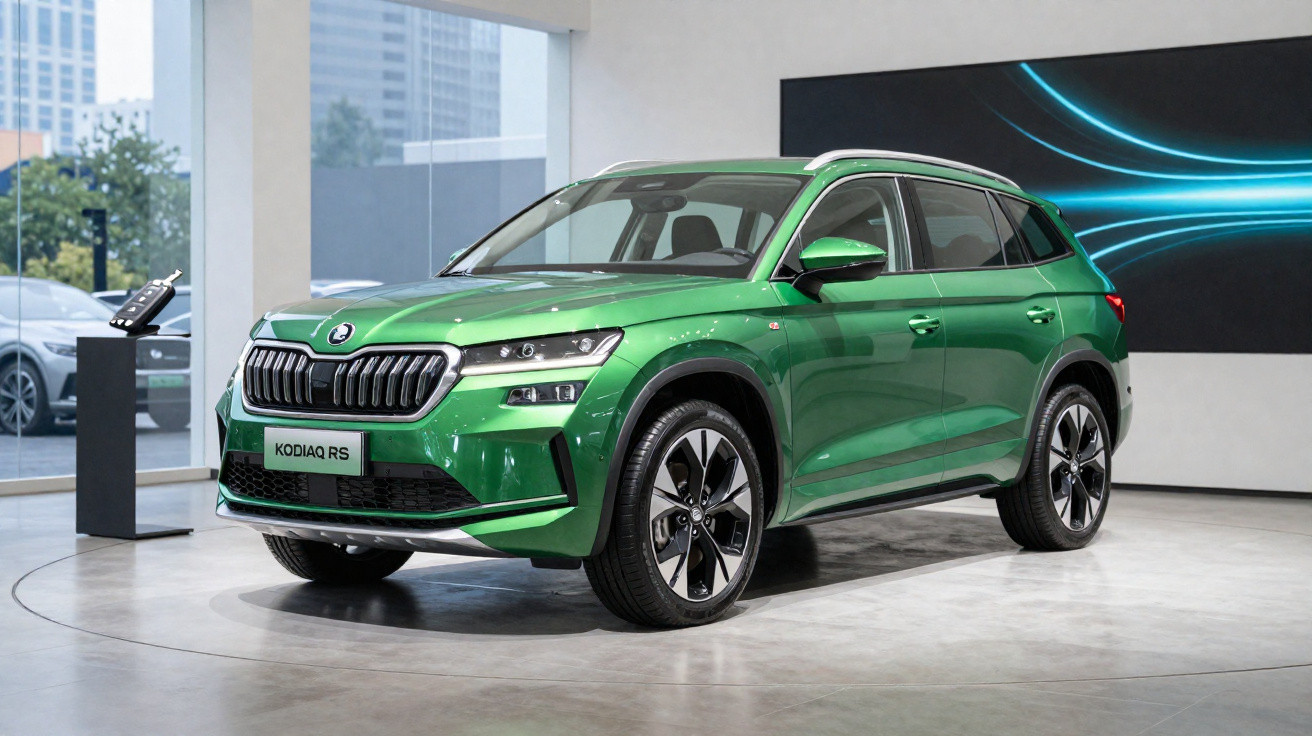 Carro SUV verde metálico Skoda Kodiaq RS em exposição dentro de showroom moderno.