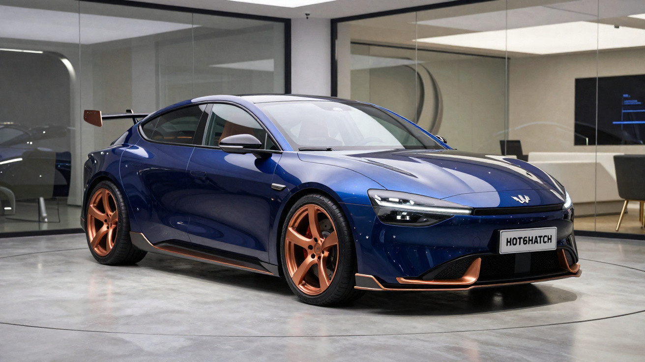 Carro esportivo azul metálico com detalhes em cobre estacionado em showroom moderno e iluminado.