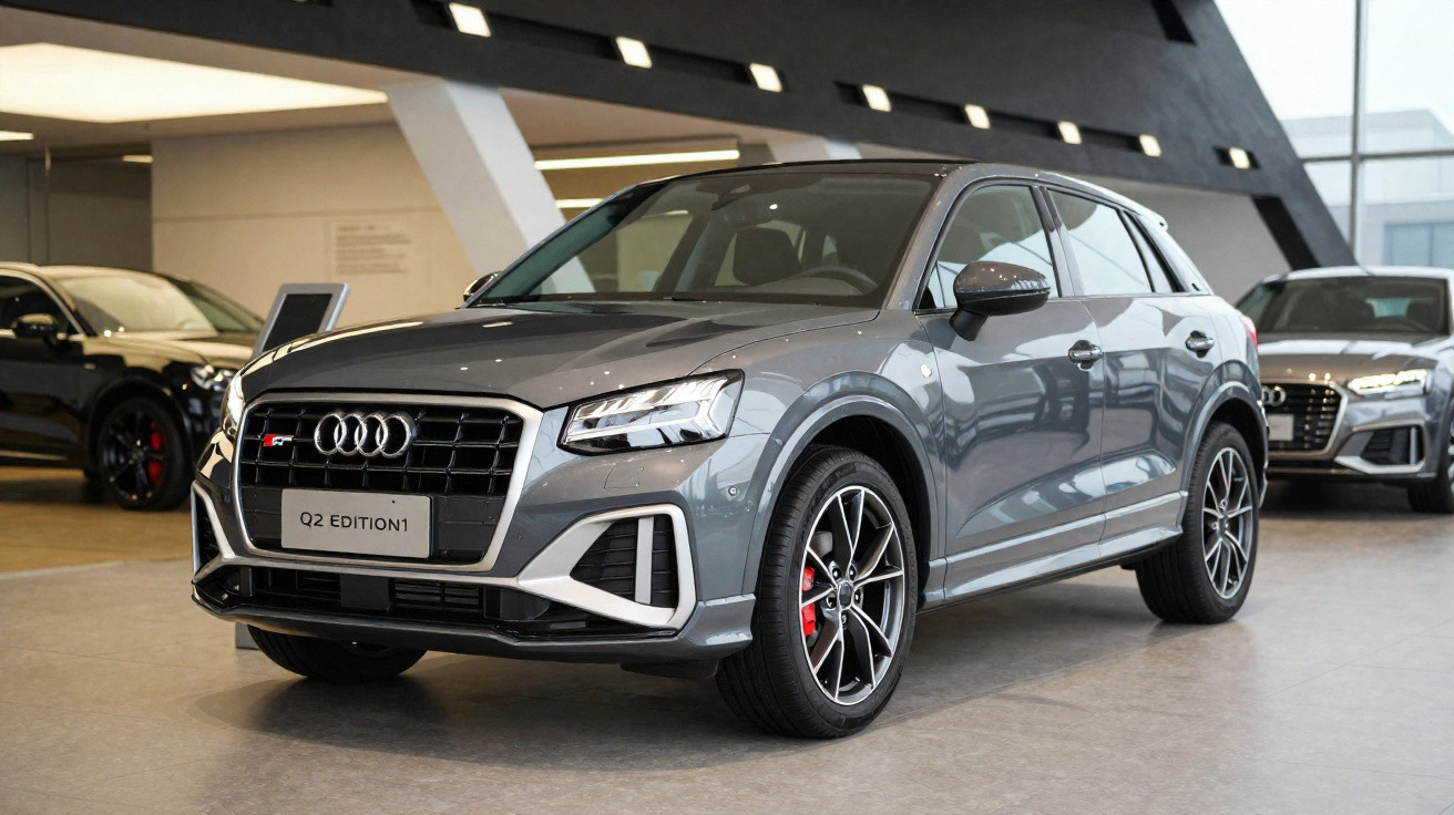 Carro cinza Audi Q2 Edition1 estacionado em showroom moderno com outros veículos ao fundo.