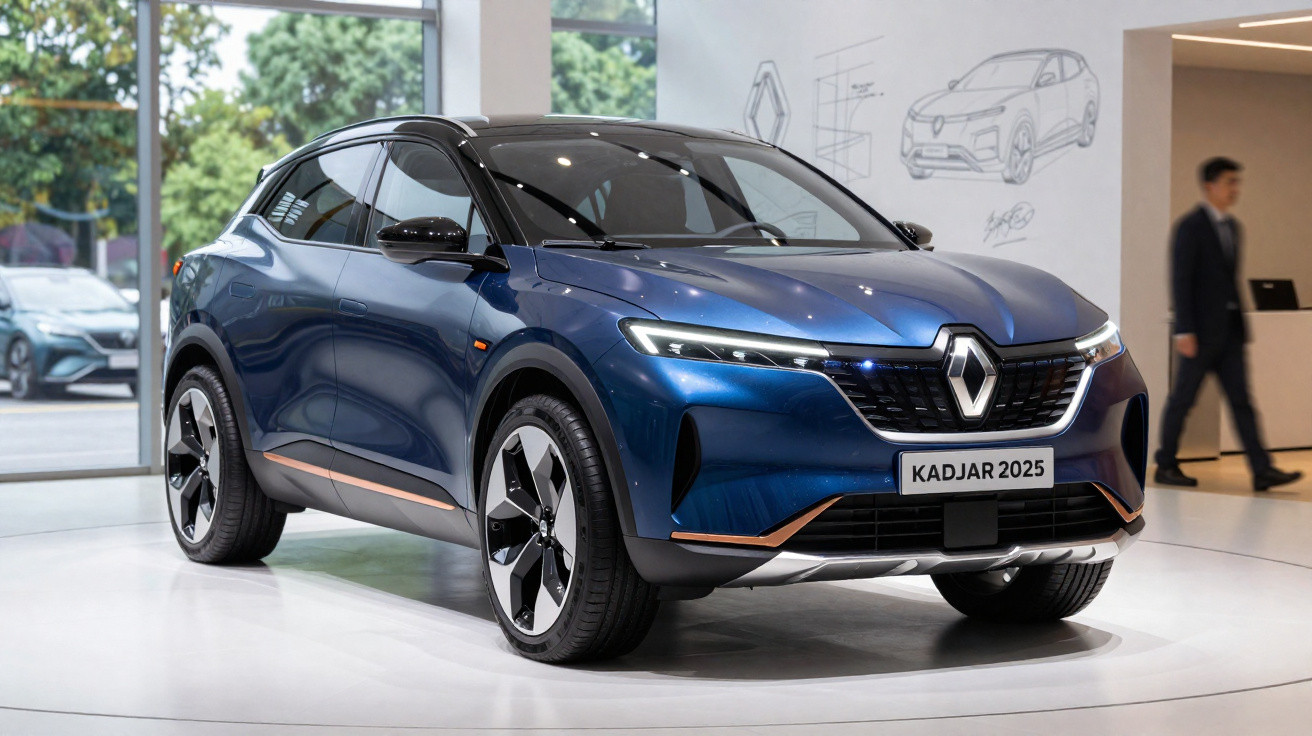 SUV Renault Kadjar 2025 azul metálico exposto em ambiente interno com detalhes modernos e rodas grandes.