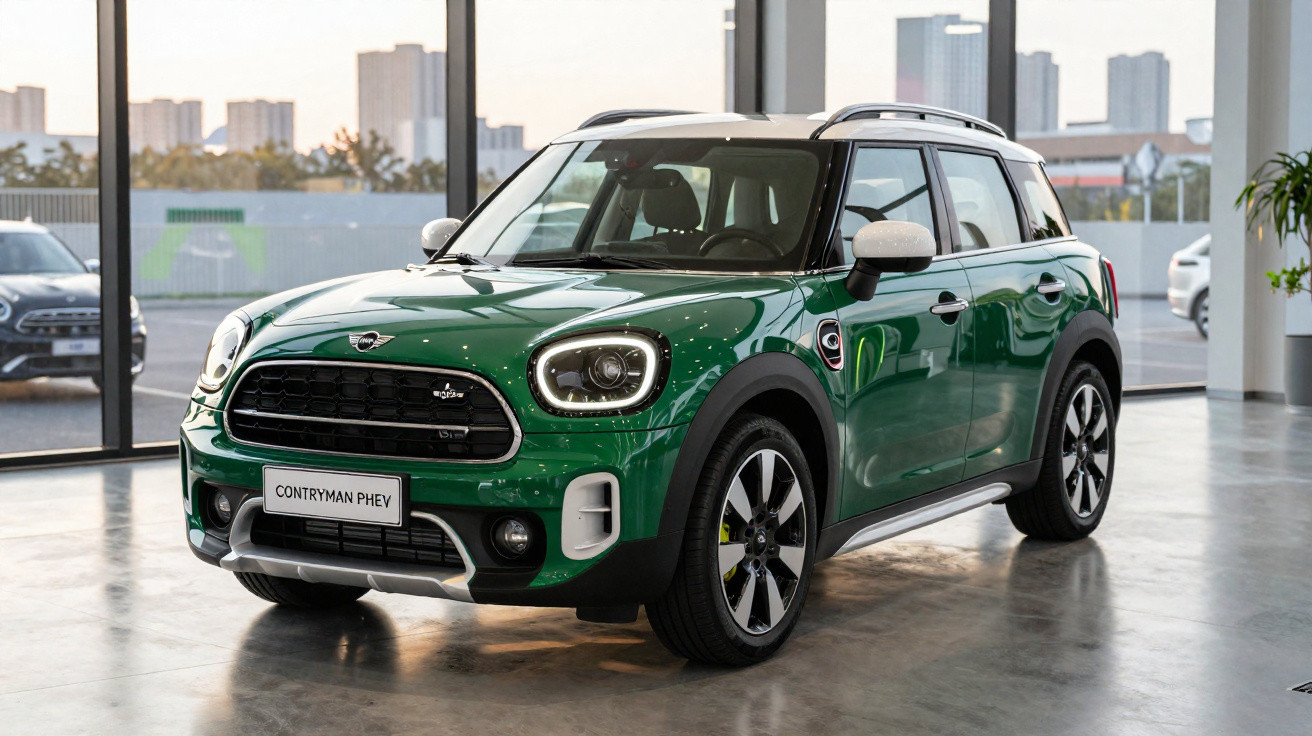Carro Mini Cooper Countryman PHEV verde estacionado em showroom com janelas panorâmicas ao fundo.