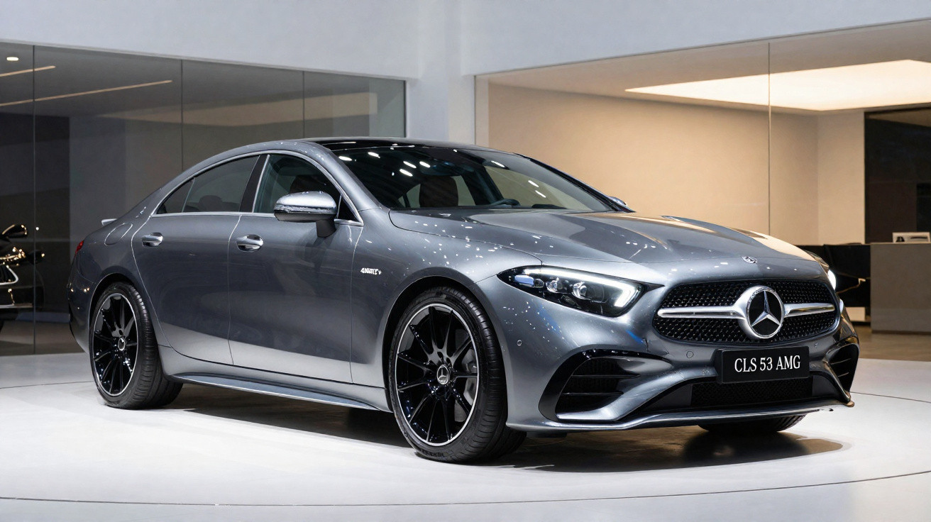 Carro esportivo Mercedes-Benz CLS 53 AMG cinza em exposição, com rodas pretas e faróis acesos.