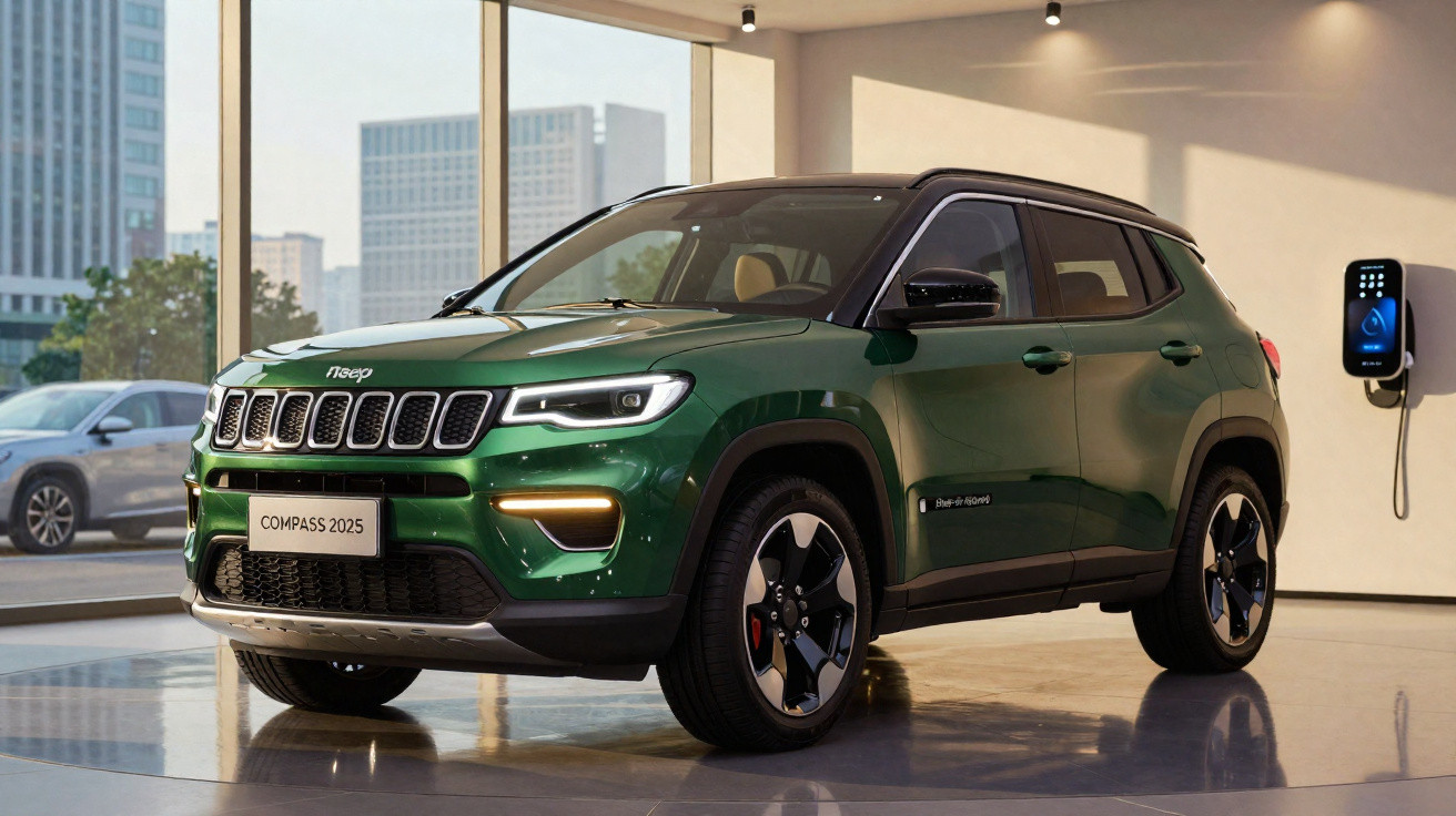 Jeep Compass verde 2025 estacionado em showroom moderno com carregador elétrico na parede.