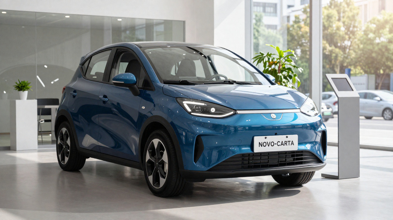 Carro compacto azul modelo Novo-Carta em exposição dentro de showroom moderno e iluminado.