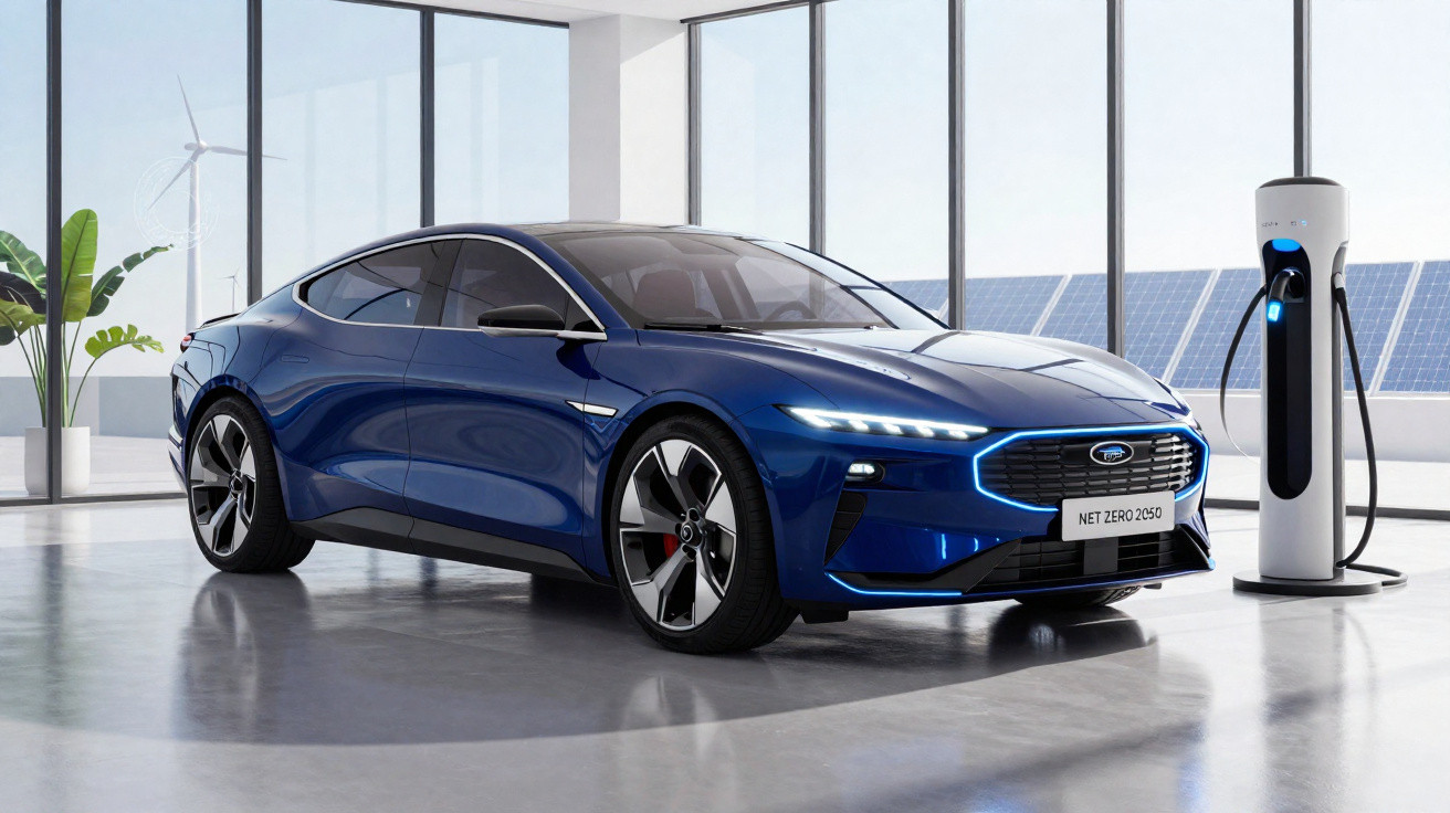 Carro elétrico azul em carregador dentro de ambiente com janelas grandes, painel solar e turbina eólica.