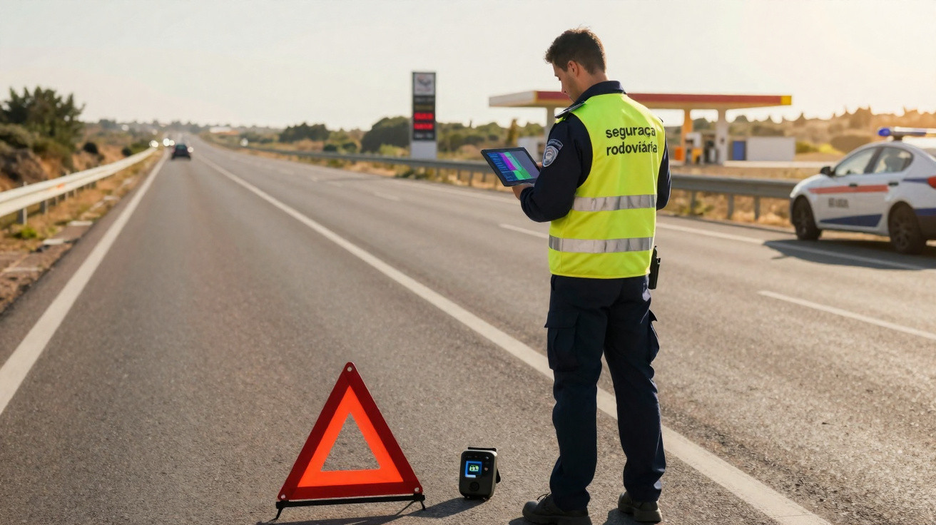 Agente de segurança rodoviária com colete amarelo usando tablet ao lado de triângulo de emergência na estrada.