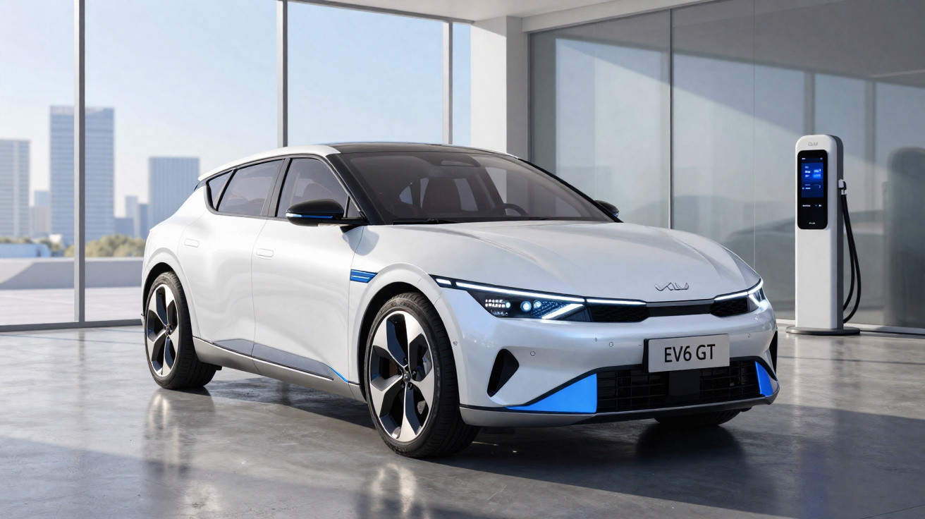 Carro elétrico branco Kia EV6 GT estacionado em ambiente moderno com estação de recarga ao fundo.