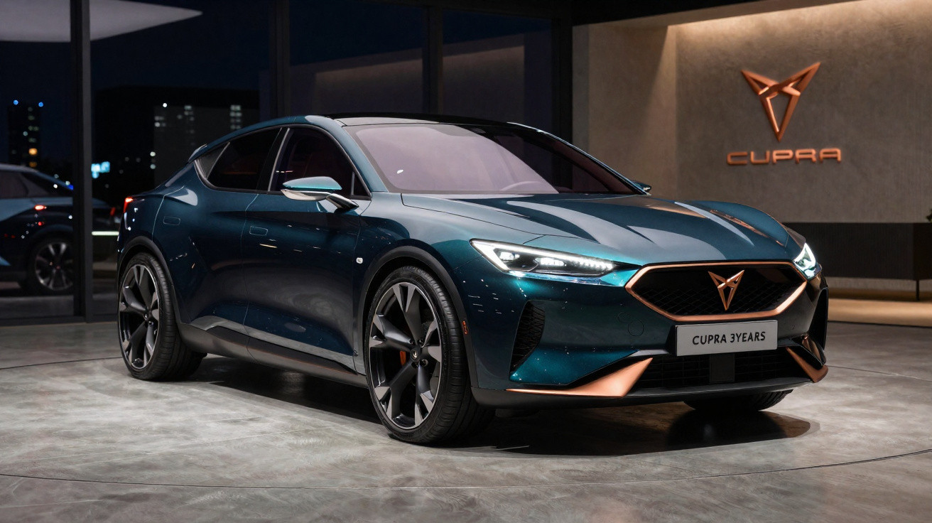Carro elétrico Cupra azul metálico com detalhes em cobre em showroom moderno e iluminado.