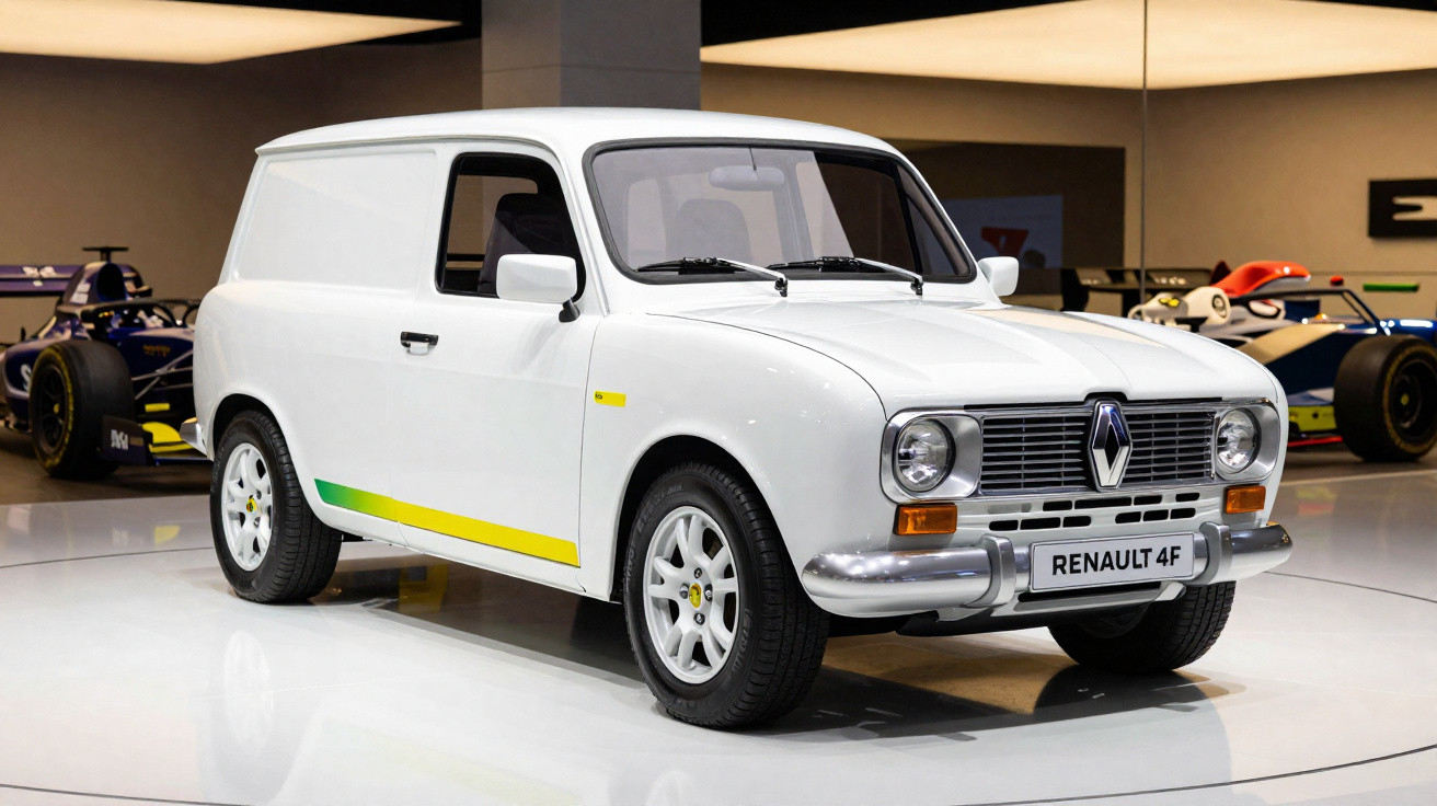 Carro Renault 4F branco em exposição com detalhes nas cores da bandeira do Brasil.
