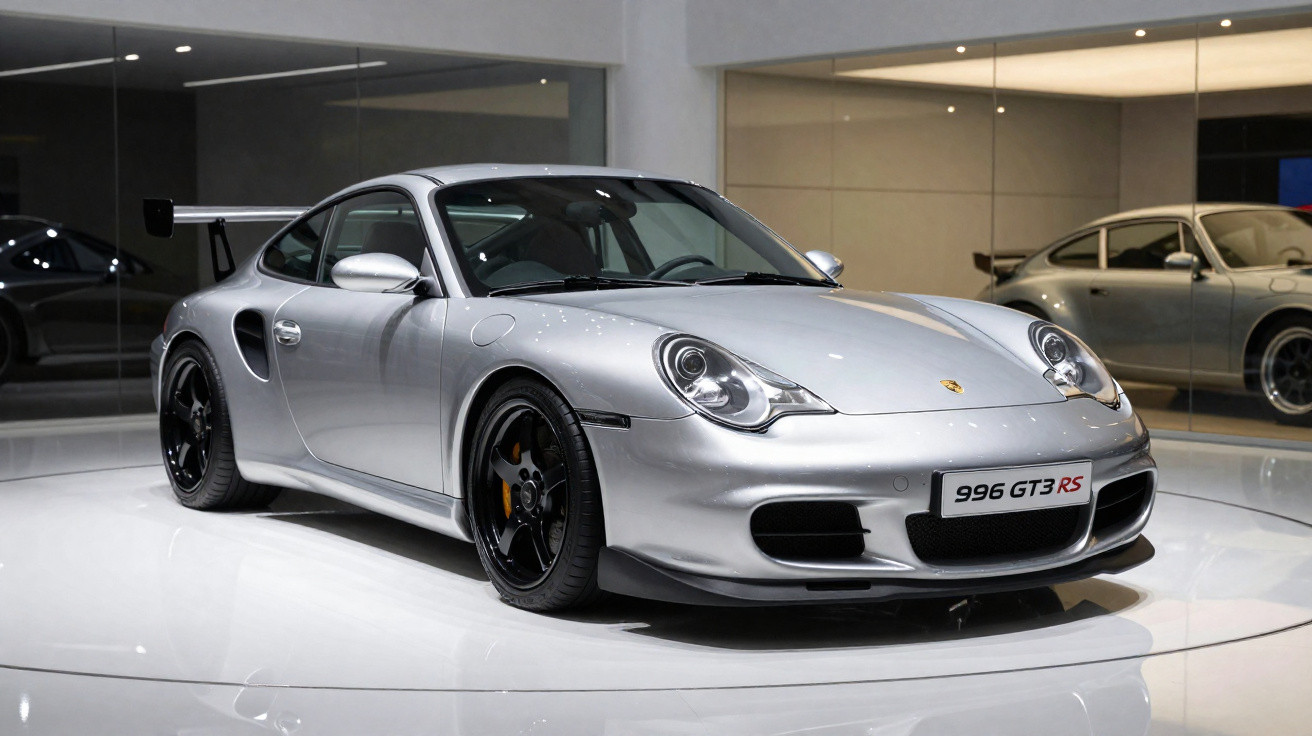Carro esportivo prata Porsche 996 GT3 RS exibido em ambiente interno com piso branco e espelhos.