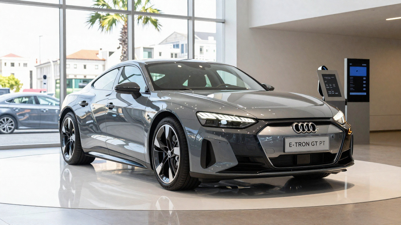 Carro elétrico Audi E-Tron GT PT cinza em exposição em showroom moderno com iluminação natural.