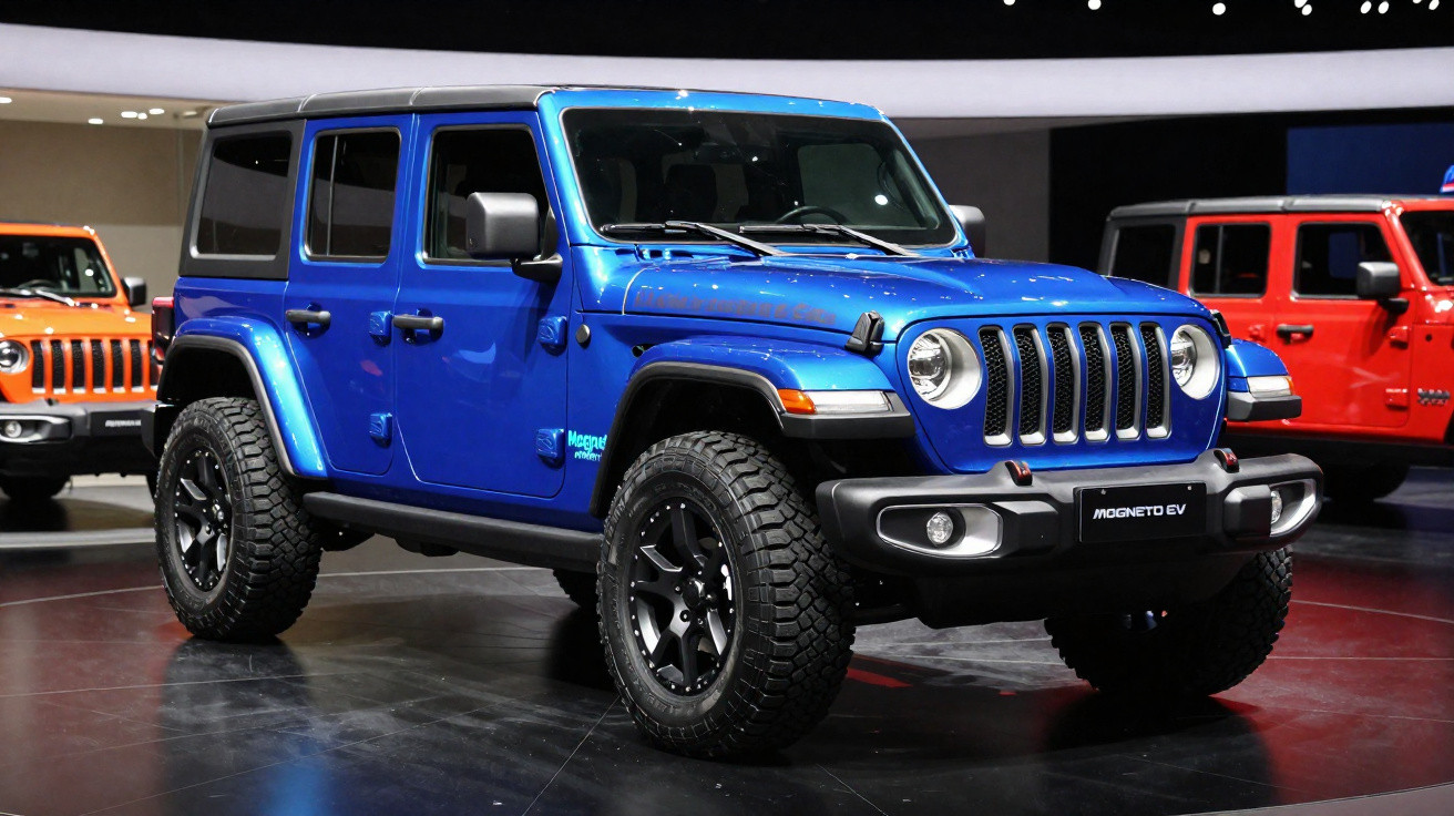 Jeep azul modelo Magneto EV exposto em salão de automóveis com outros modelos ao fundo.