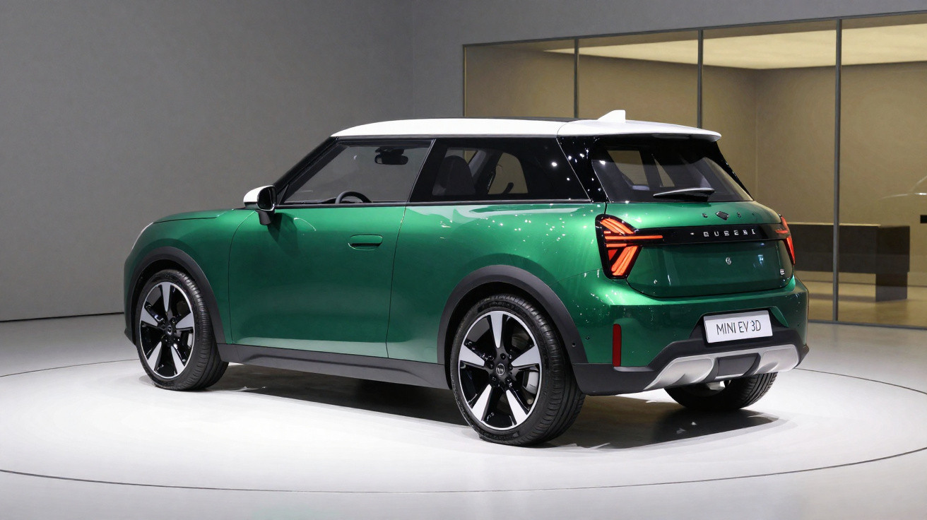 Carro elétrico MINI EV 3D verde com teto branco exibido em showroom moderno.