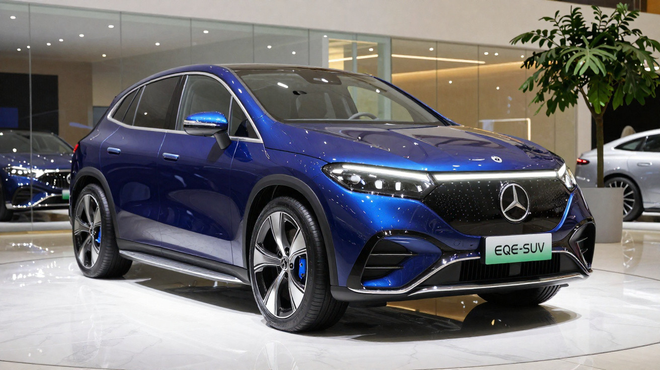 Carro elétrico SUV Mercedes-Benz EQE azul exposto em showroom com iluminação moderna.
