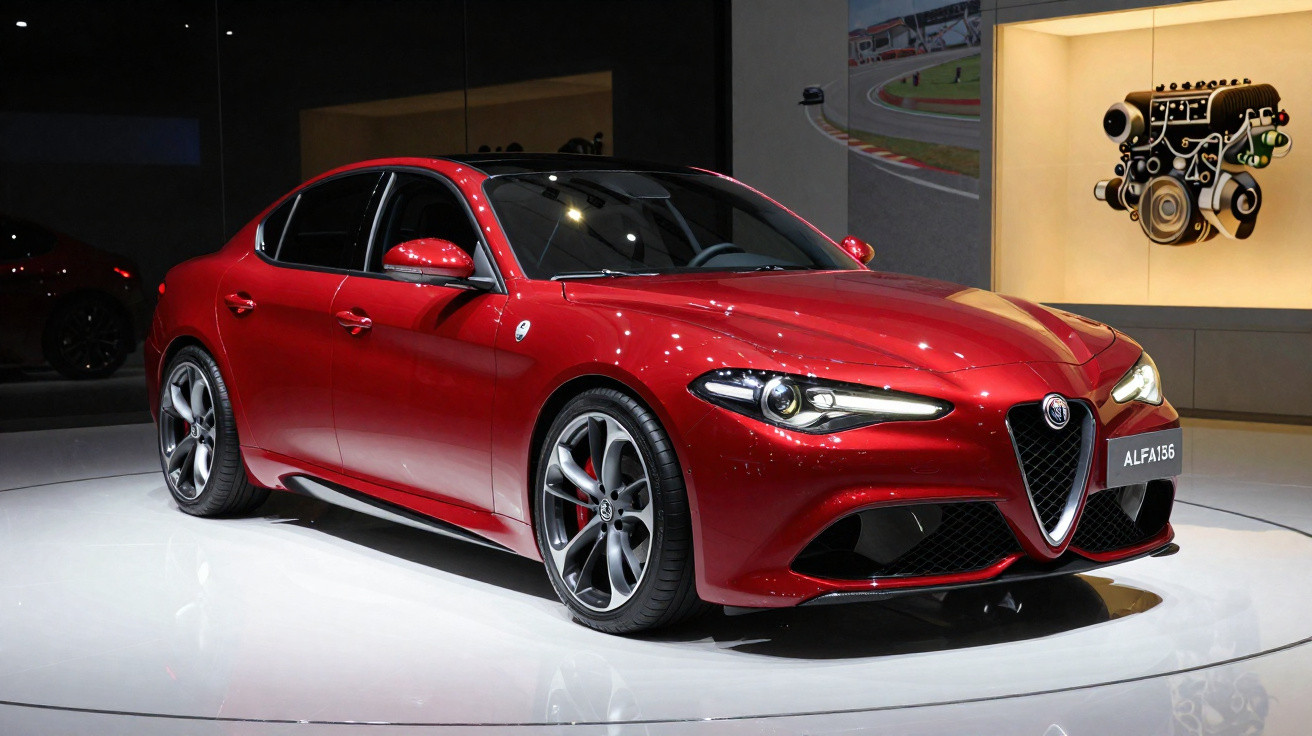 Carro Alfa Romeo Giulia vermelho exibido em plataforma branca com motor exposto ao fundo.