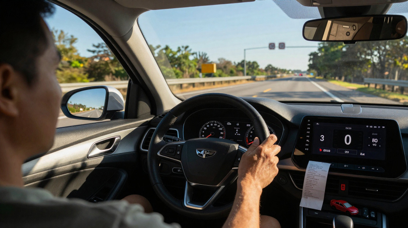 Pessoa dirigindo um carro moderno em estrada aberta durante o dia, com painel digital visível.