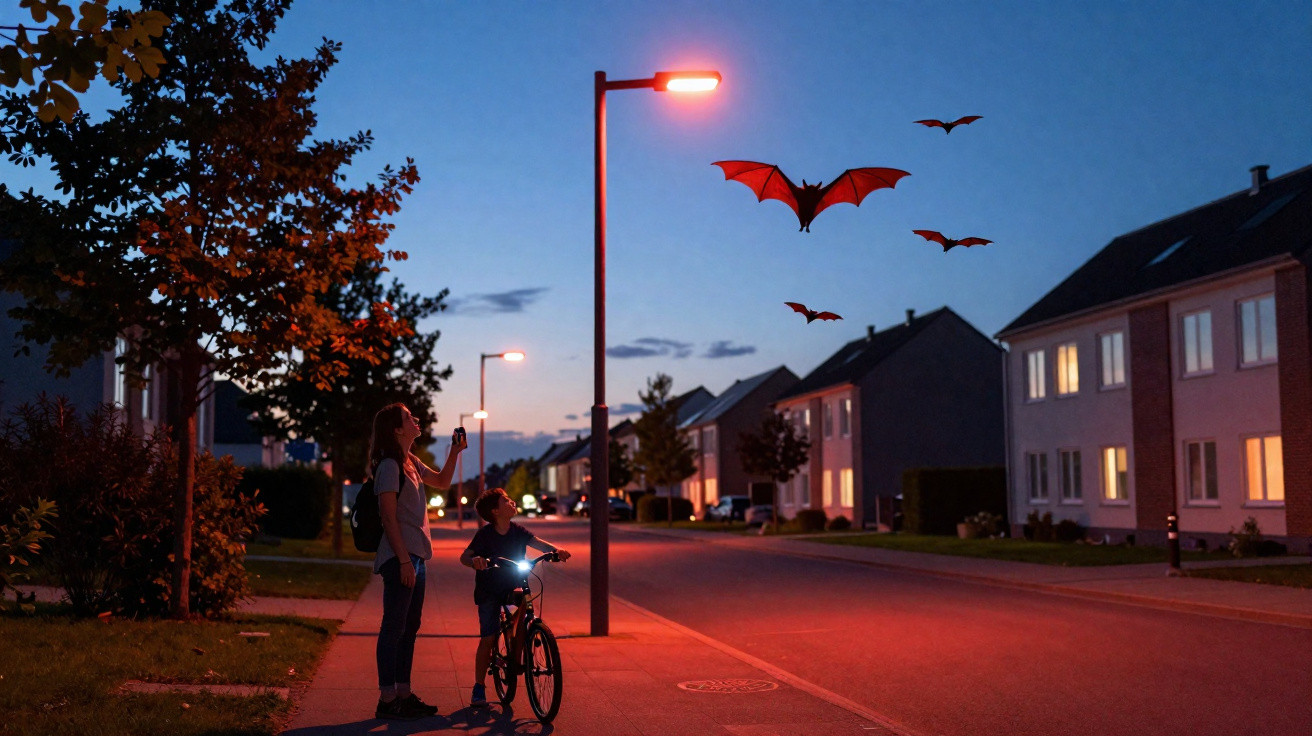 Criança e mulher observando morcegos voando ao anoitecer em rua residencial iluminada por postes.