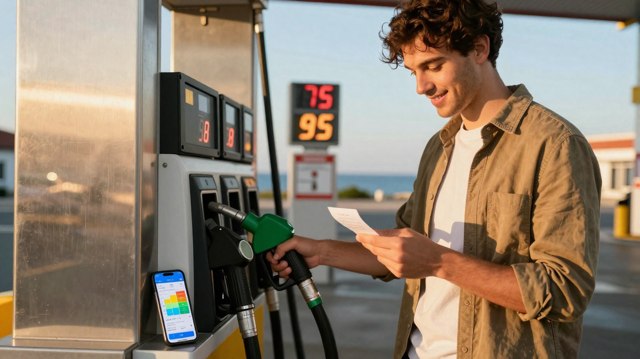 Homem com expressão feliz segura nota fiscal e bomba de combustível em posto de gasolina ao pôr do sol.