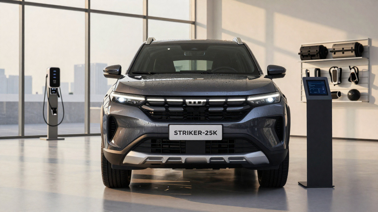 Carro SUV cinza elétrico Striker-25K em exposição interna com estação de recarga e acessórios na parede.