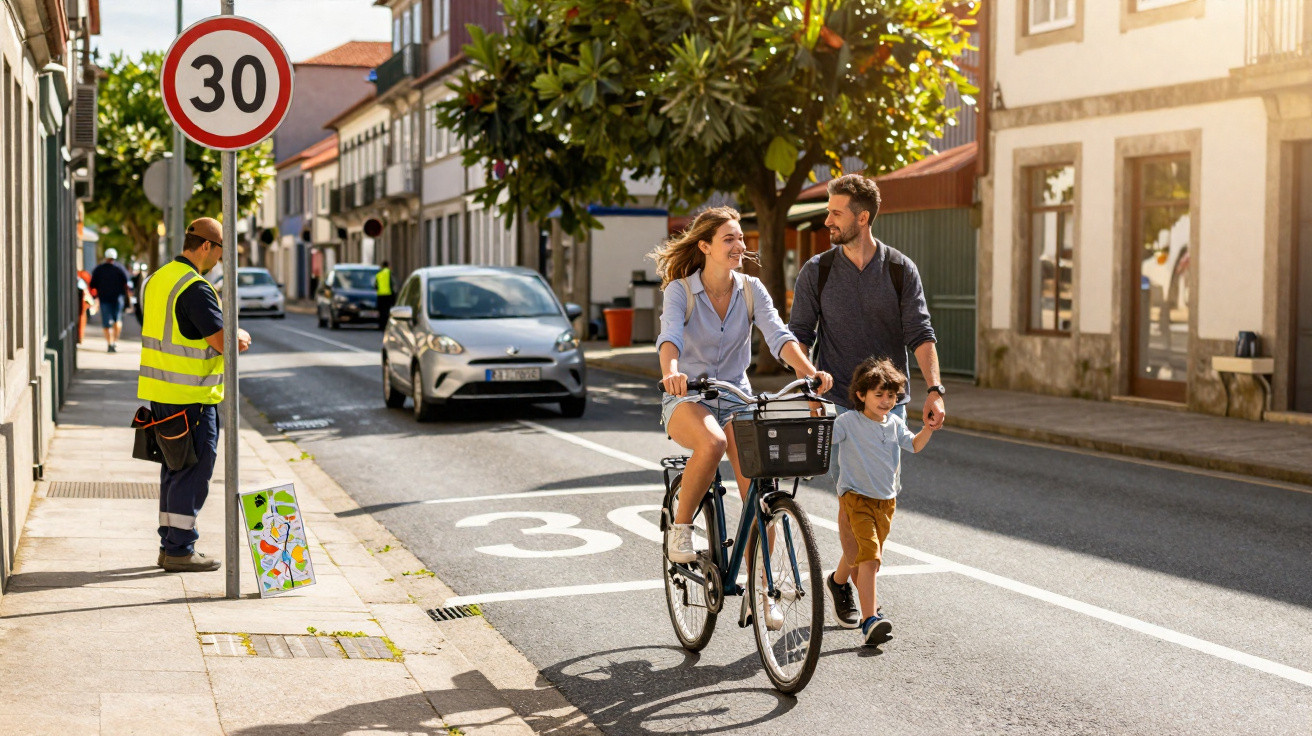 Mulher pedala bicicleta enquanto homem e criança caminham ao lado em rua com limite de velocidade 30.