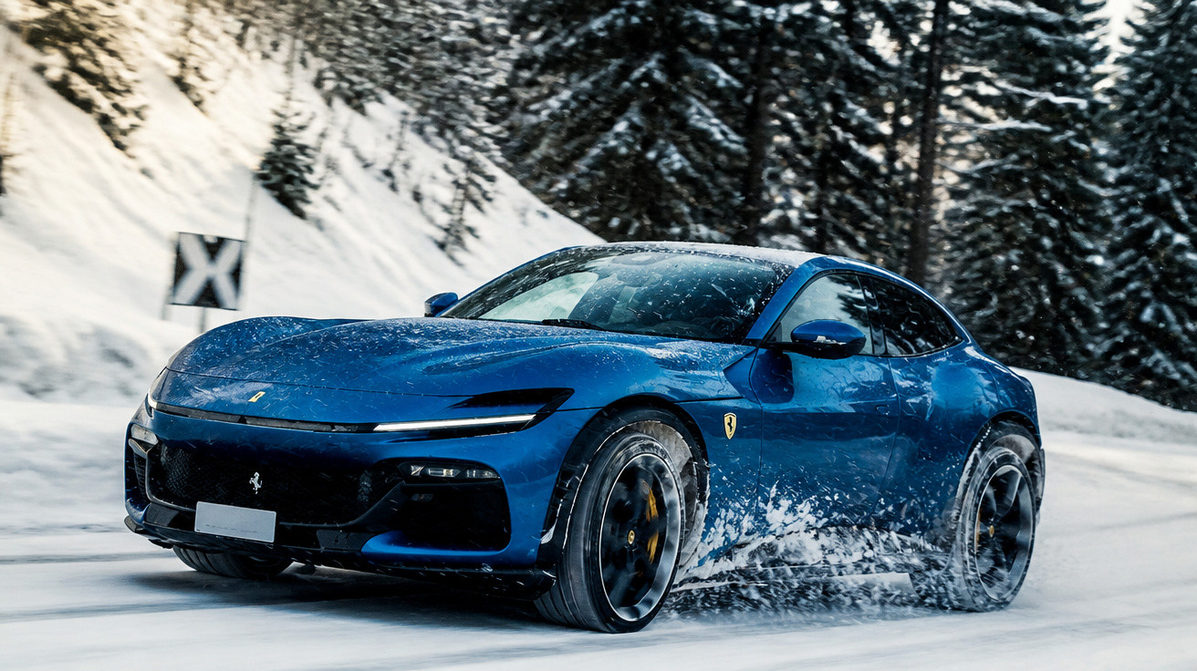 Carro esportivo azul dirigindo na neve com árvores cobertas de neve ao fundo.