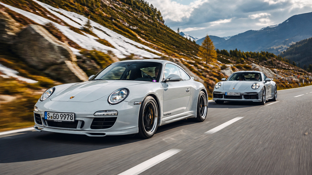 Dois carros esportivos Porsche brancos em estrada de montanha com neve e árvores ao redor.