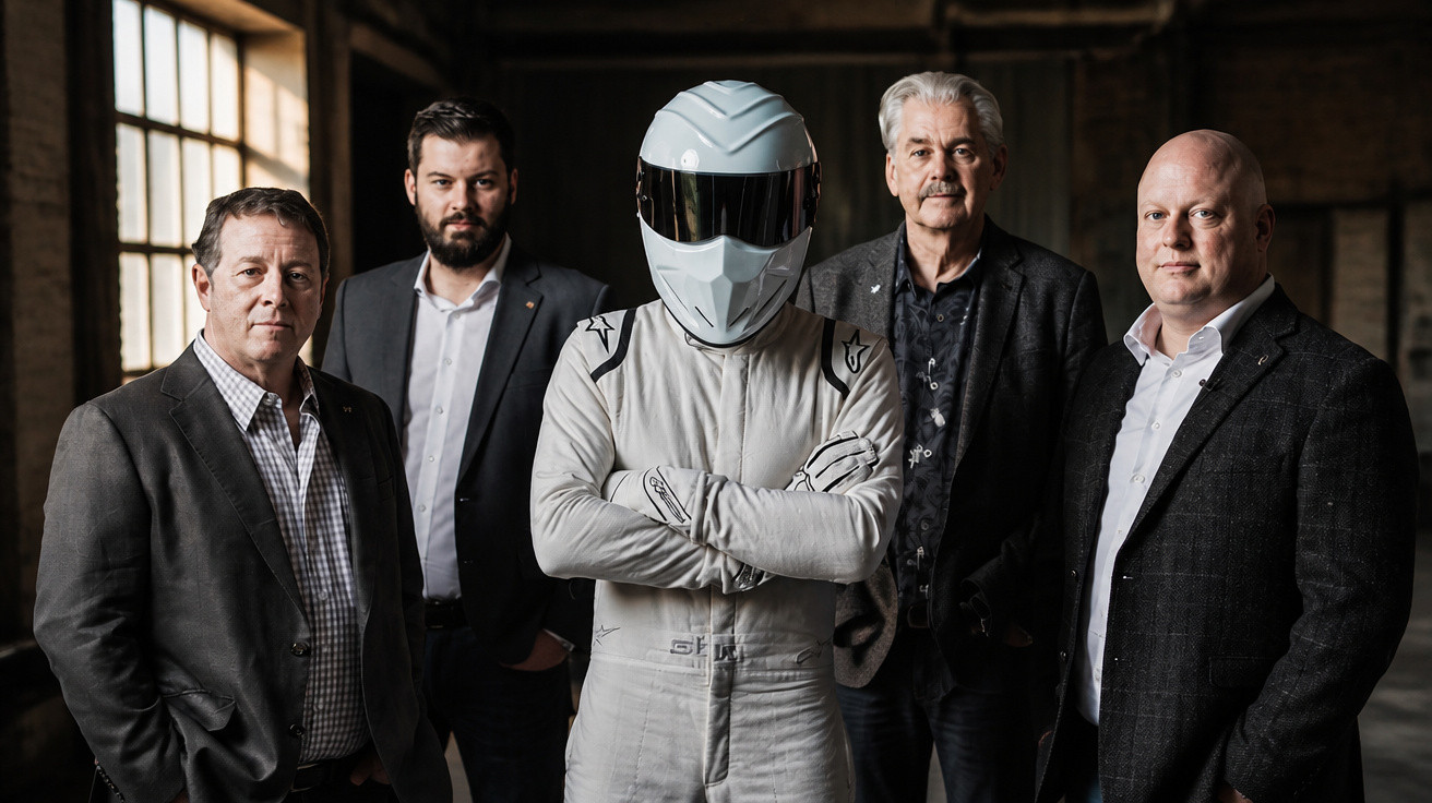 Cinco homens em trajes formais, um no centro veste macacão e capacete branco de piloto.
